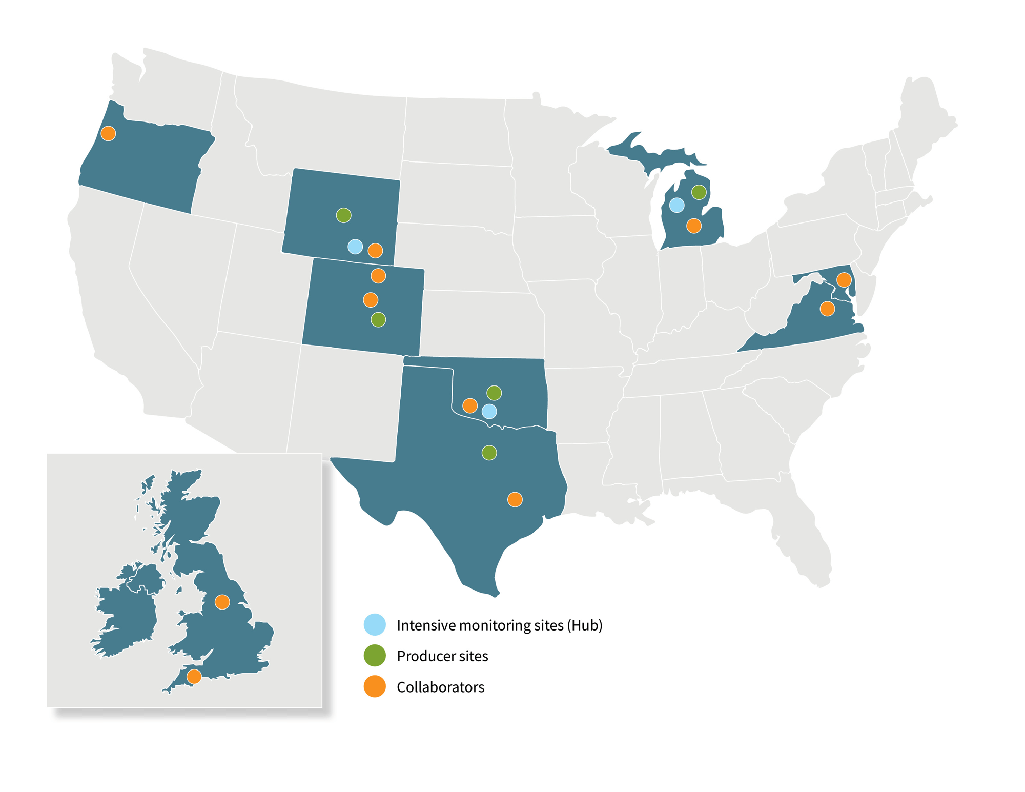 地图显示参加组织在美国和联合王国境内的位置,显示密集监控网站(Hubs)、制作网站和协作者